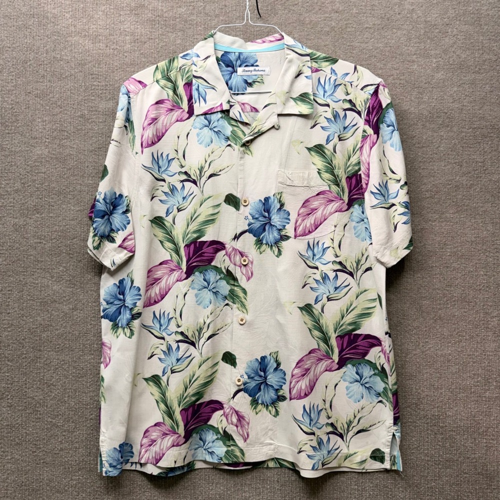 Tommy Bahama Mens Large Silk Tropical Hibiscus Floral Camp Shirt Wooden Buttons